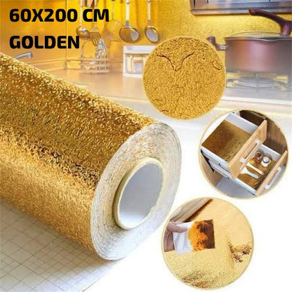 Golden Foil Kitchen Wallpaper Sticker | 60×200cm | Peel & Stick Aluminum Foil Wall Covering | Oil-Proof, Waterproof & Heat-Resistant Decor YMDS