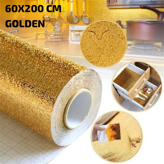 Golden Foil Kitchen Wallpaper Sticker | 60×200cm | Peel & Stick Aluminum Foil Wall Covering | Oil-Proof, Waterproof & Heat-Resistant Decor YMDS