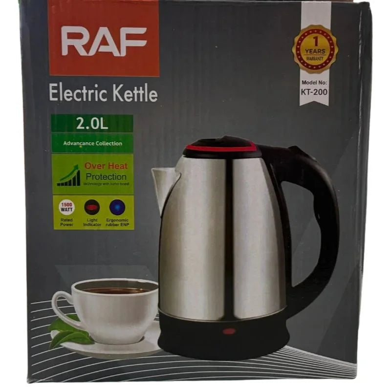 RAF KT-200 Automatic Electric Kettle 2 Liter Stainless Steel Cordless 1500W with Overheat Protection YMDS