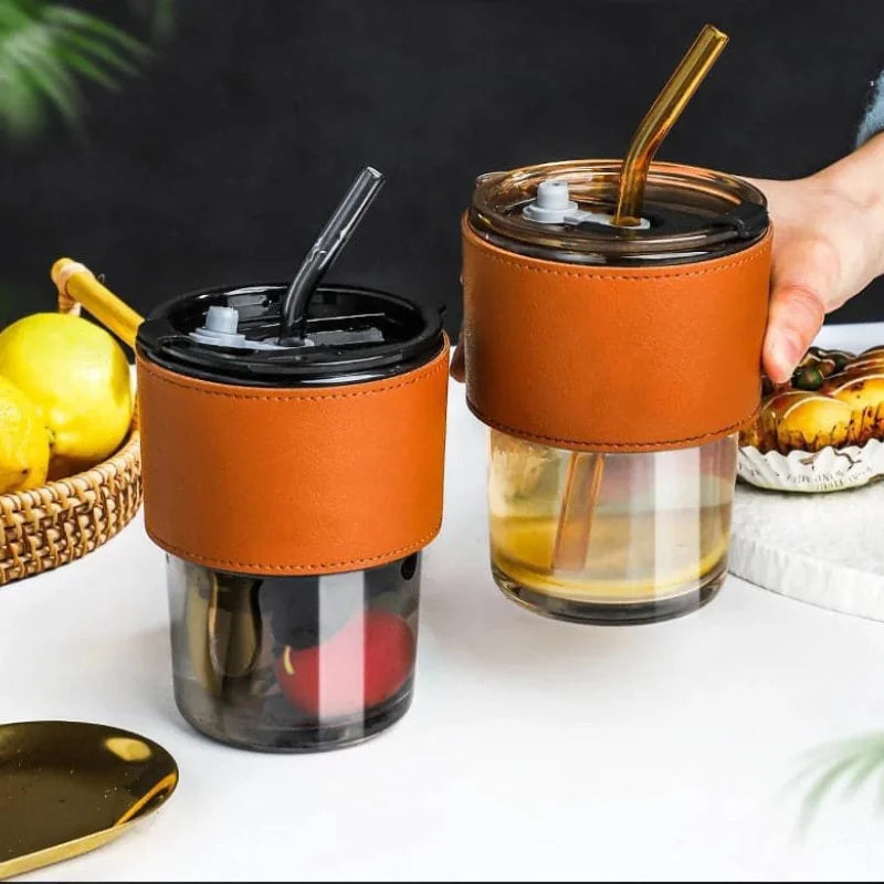 Bamboo Joint Glass Cup with Lid & Straw YMDS