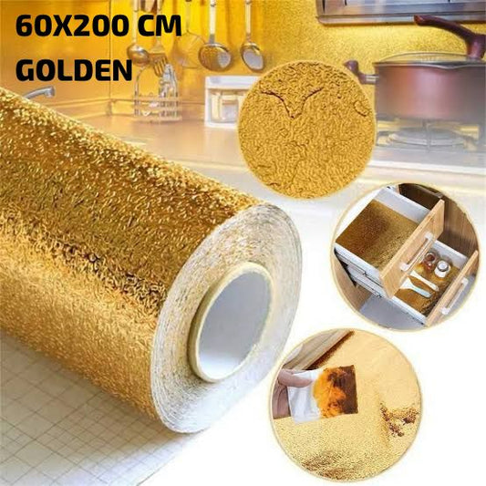 Golden Foil Kitchen Wallpaper Sticker | 60×200cm | Peel & Stick Aluminum Foil Wall Covering | Oil-Proof, Waterproof & Heat-Resistant Decor YMDS