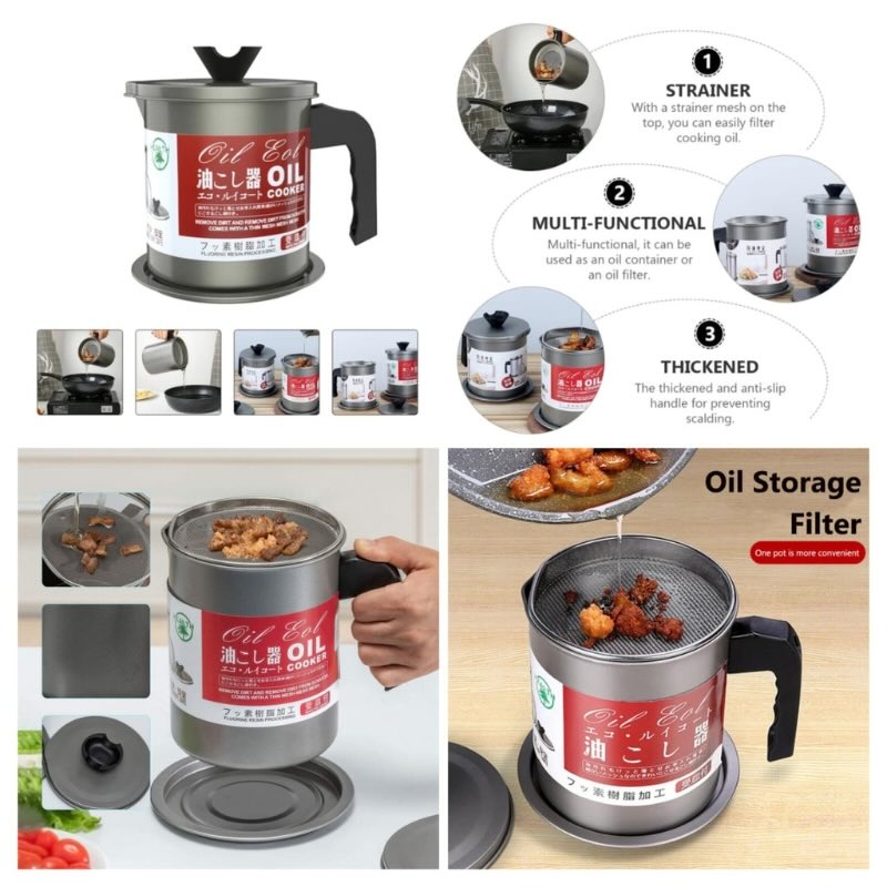 1.4L Fryer Oil Filter Pot Carbon Steel Jug with Stainless Steel Strainer Lid YMDS