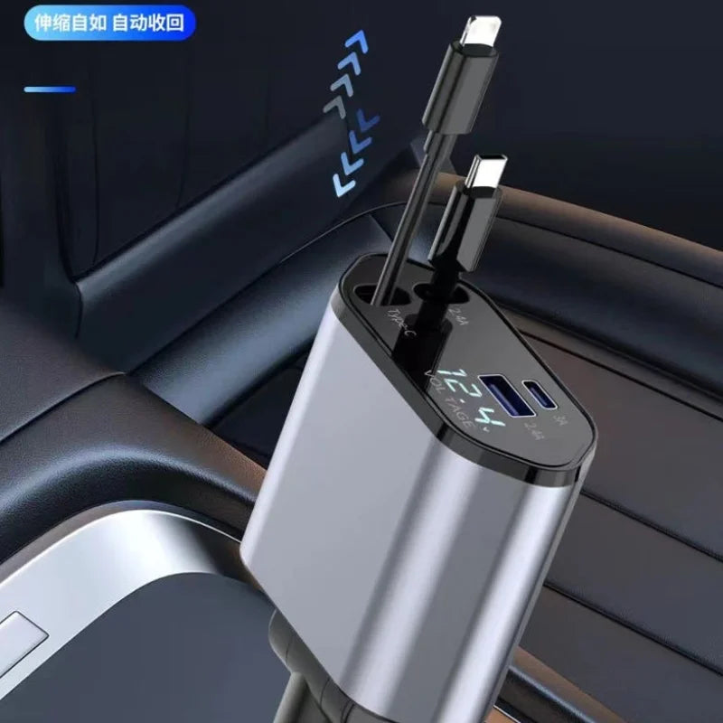 4-in-1 Retractable Car Charger | Dual USB & USB-C PD Fast Charging, 100W YMDS