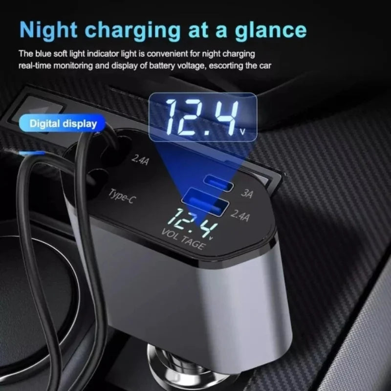 4-in-1 Retractable Car Charger | Dual USB & USB-C PD Fast Charging, 100W YMDS