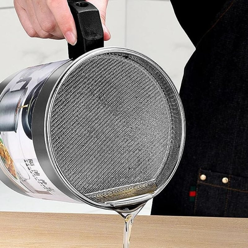 1.4L Fryer Oil Filter Pot Carbon Steel Jug with Stainless Steel Strainer Lid YMDS