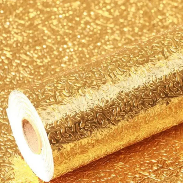 Golden Foil Kitchen Wallpaper Sticker | 60×200cm | Peel & Stick Aluminum Foil Wall Covering | Oil-Proof, Waterproof & Heat-Resistant Decor YMDS