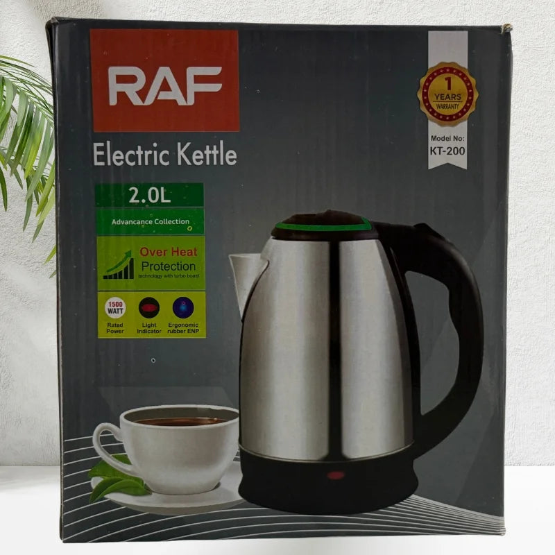 RAF KT-200 Automatic Electric Kettle 2 Liter Stainless Steel Cordless 1500W with Overheat Protection YMDS