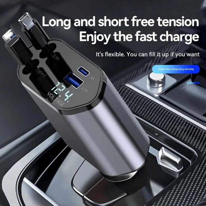 4-in-1 Retractable Car Charger | Dual USB & USB-C PD Fast Charging, 100W YMDS