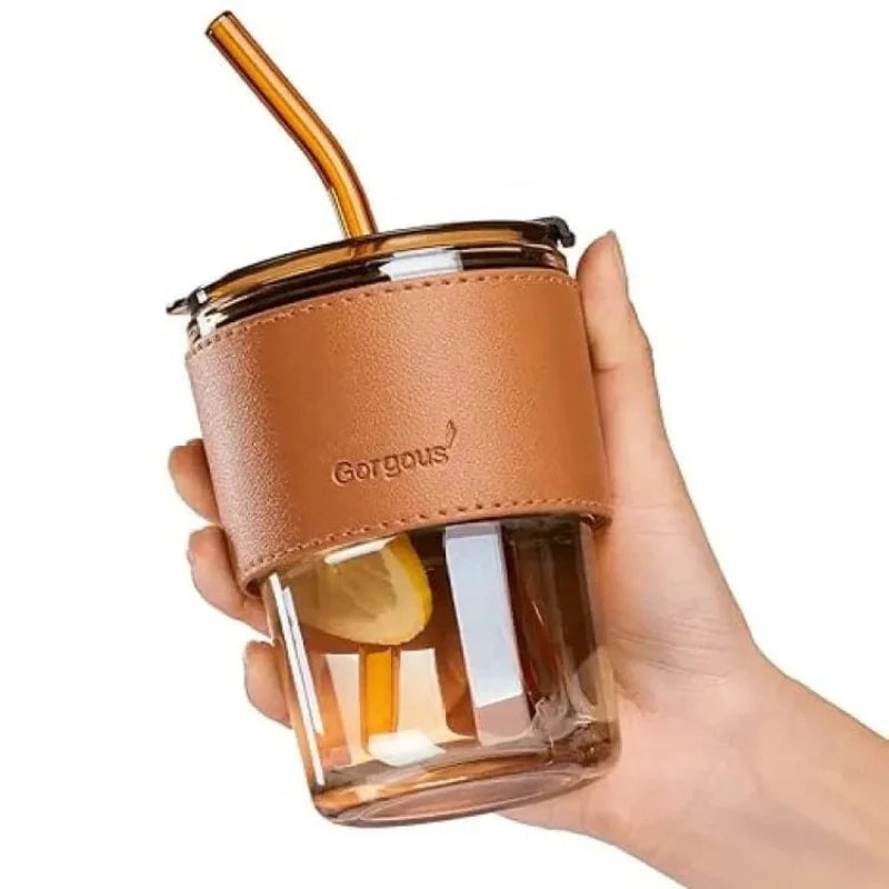 Bamboo Joint Glass Cup with Lid & Straw YMDS