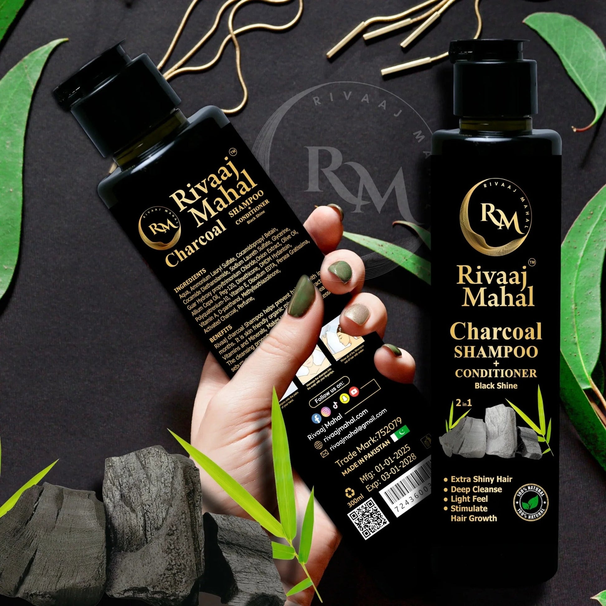 Rivaaj Mahal Charcoal Shampoo + Conditioner 2-in-1 | Black Shine Formula YMDS