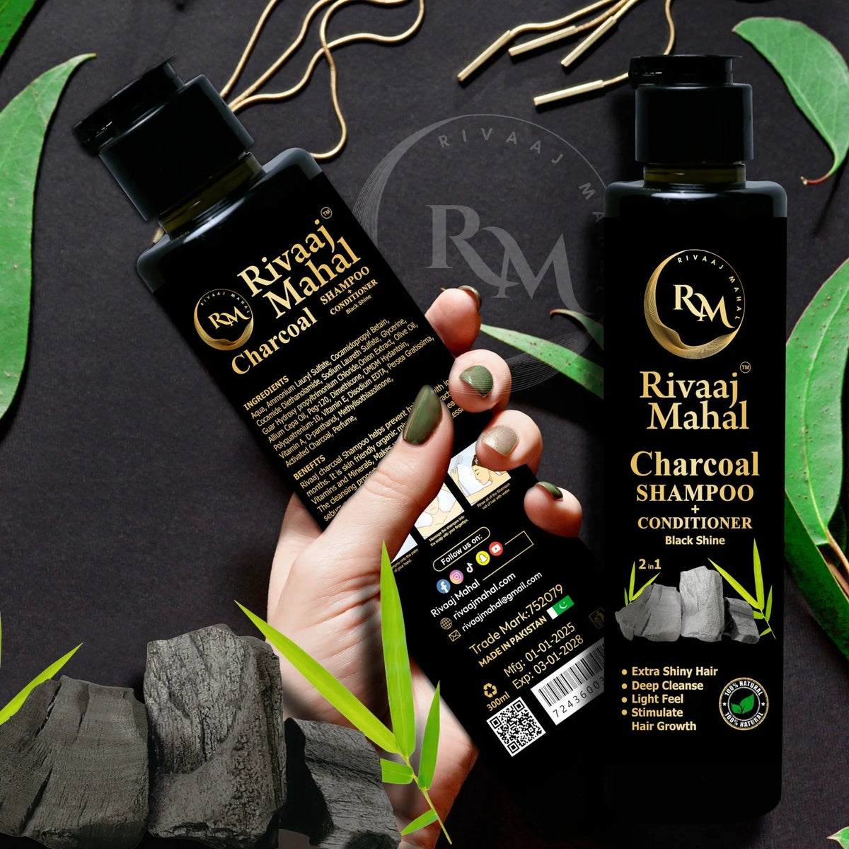 Rivaaj Mahal Charcoal Shampoo + Conditioner 2-in-1 | Black Shine Formula YMDS