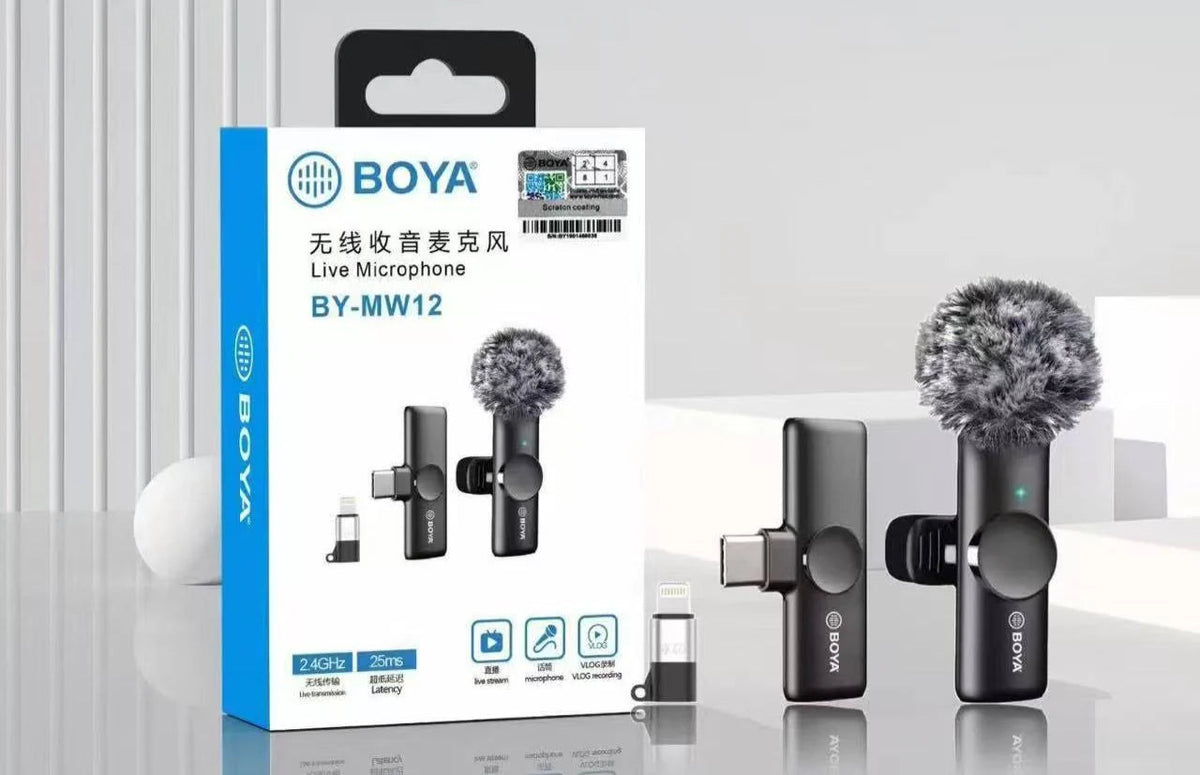BOYA BY-MW12  Wireless Lavalier Microphone for iPhone, Android & DSLR | Type-C & Lightning | Noise Reduction | Live Streaming, Vlogging & Recording Mic HHC