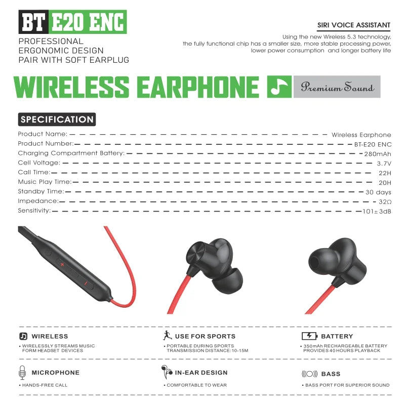 BT-E20 ENC Wireless Bluetooth 5.3 Neckband Music Call Player HHC