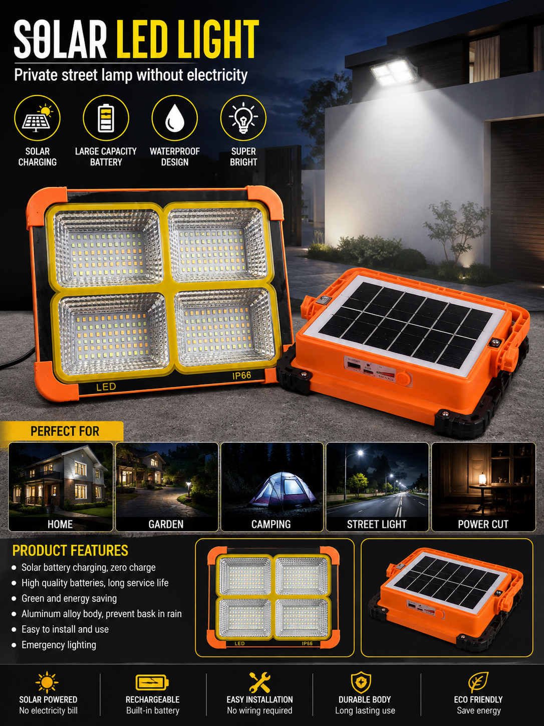 Solar LED Light Portable Waterproof Street Lamp For Outdoor Lighting And Security HHC