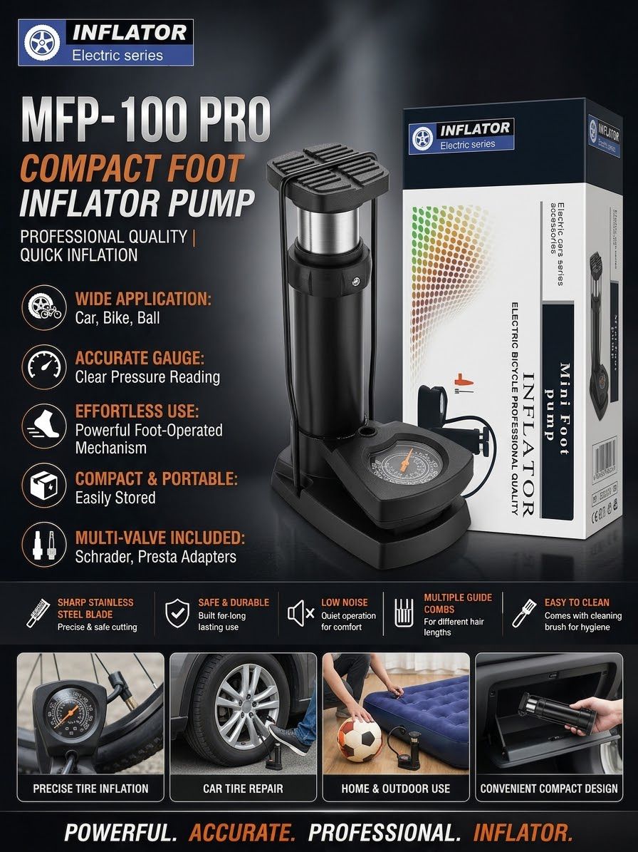 MFP-100 PRO Compact Foot Inflator Pump With Pressure Gauge And Multi-Valve Adapters For Cars, Bikes, Balls And Inflatables (Random Color) HHC
